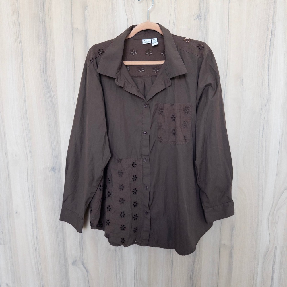 Womens‎ Floral Eyelet Button Down Shirt 3X Brown Long Sleeve Cottage Boho Earthy